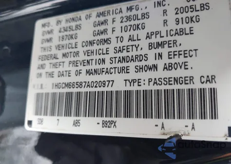 2007 Honda Accord 3.0 Ex z USA, uszkodzony, nr VIN 1HGCM66587A020977